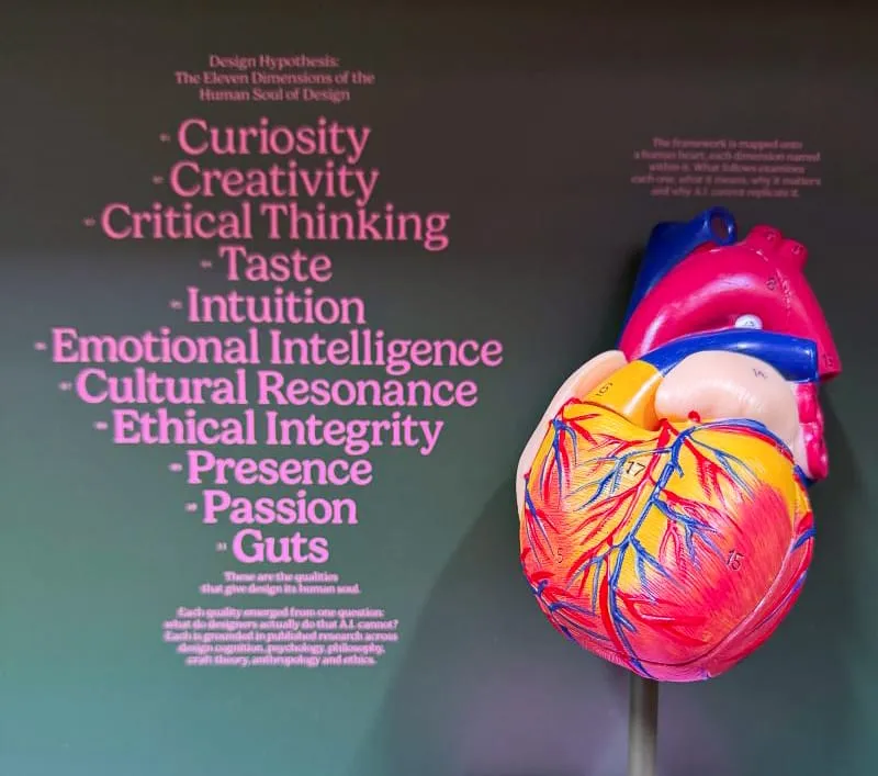 Exhibit panel listing Pann Lim's 11 Dimensions of the Human Soul of Design.