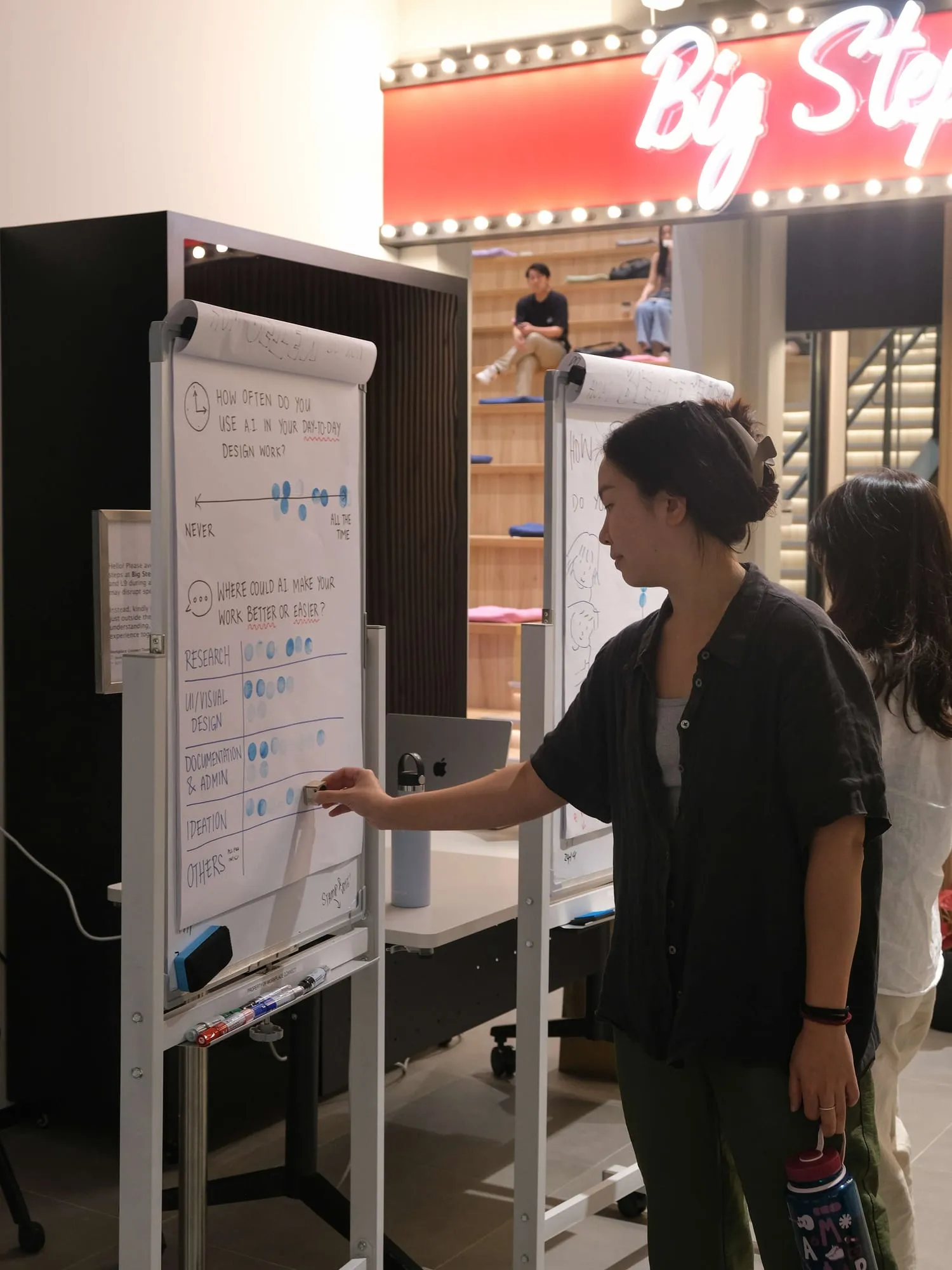An attendee adds a sticker to the AI survey board.