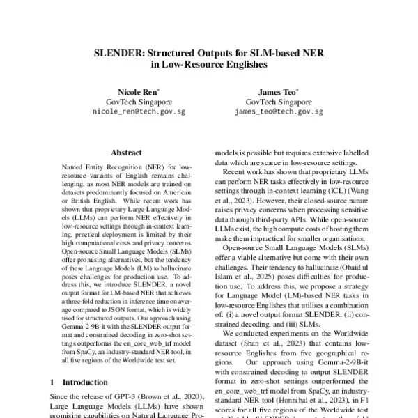 SLENDER: Structured Outputs for SLM-based NER in Low-Resource Englishes